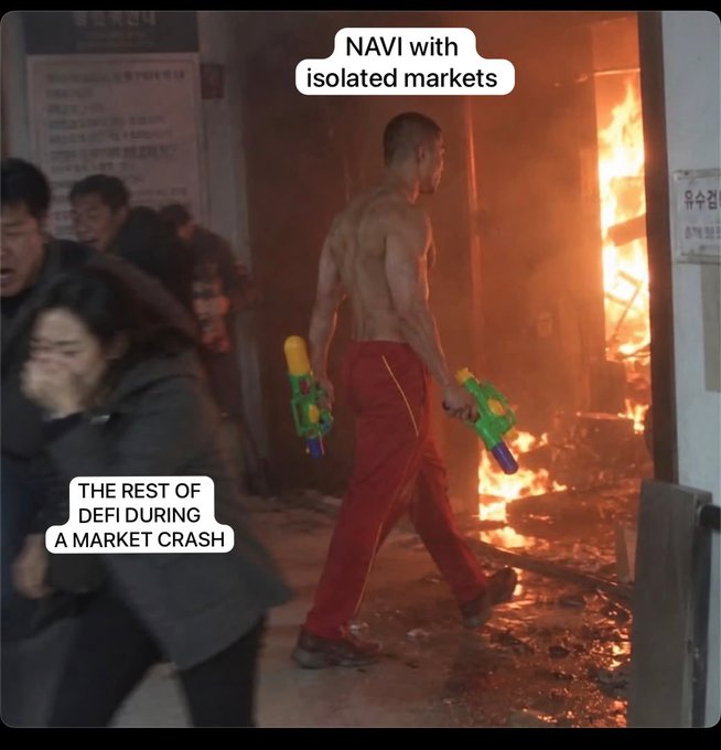 A meme showing a shirtless muscular man walking calmly with two water guns past a burning building, labeled 'NAVI with isolated markets' walking away from the fire labeled 'THE REST OF DEFI DURING A MARKET CRASH'.