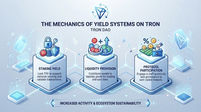 An infographic titled 'The Mechanics of Yield Systems on TRON' by Tron DAO, illustrating three pillars: Staking Yield (Lock TRX), Liquidity Provision, and Protocol Participation.