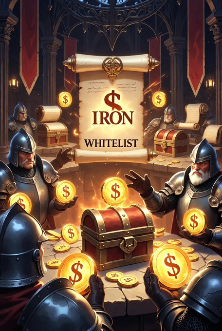 The image depicts medieval armored knights gathered around a glowing treasure chest overflowing with golden coins marked with dollar signs, beneath a parchment scroll displaying "IRON WHITELIST" alongside the $IRON symbol. This visually reinforces the post's message of an exclusive, gated alliance—portraying $IRON as a coveted reward earned by those admitted into the prestigious Iron Lords community through contribution and reputation.