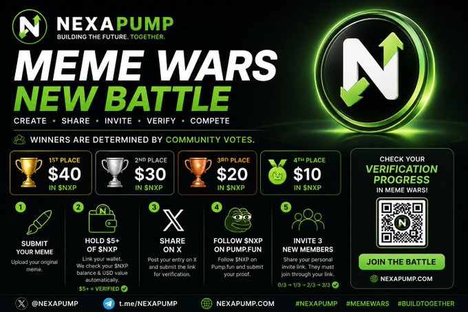A promotional graphic for 'NEXA PUMP MEME WARS NEW BATTLE' offering prize pool of $40, $30, $20, and $10 in $NXP with steps to participate including submitting a meme, holding $5+ SNXP, and sharing on X.