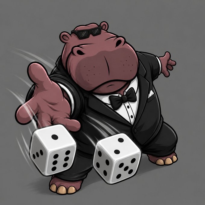 A cartoon hippo in a tuxedo and sunglasses tosses two dice, visually representing Hippo Inc.'s arcade-style NFT gaming platform where players roll into onchain games to earn points.