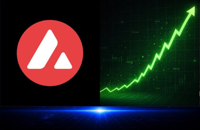 The Avalanche (AVAX) cryptocurrency logo displayed next to a green upward-trending stock chart on a digital grid background.