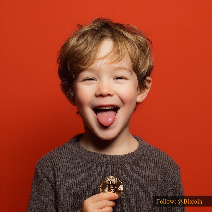 A young boy with blonde hair sticks out his tongue playfully while holding a physical Bitcoin coin against a vibrant orange background, with the text "Follow: @Bitcoin" visible in the bottom corner. The image complements the $63,677.80 Bitcoin price post by visually representing a future holder of the cryptocurrency in a lighthearted, engaging way.