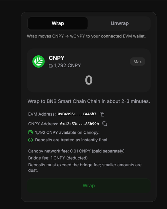 A dark-themed cryptocurrency wallet interface showing a 'Wrap' function to convert CNPY tokens to wCNPY on the BNB Smart Chain, with 1,792 CNPY available and details about network fees.