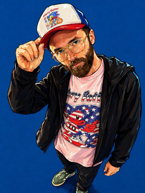 A stylized digital illustration of a bearded man in glasses tipping a Harry Potter-themed cap, wearing a matching Harry Potter t-shirt with a serpent graphic.