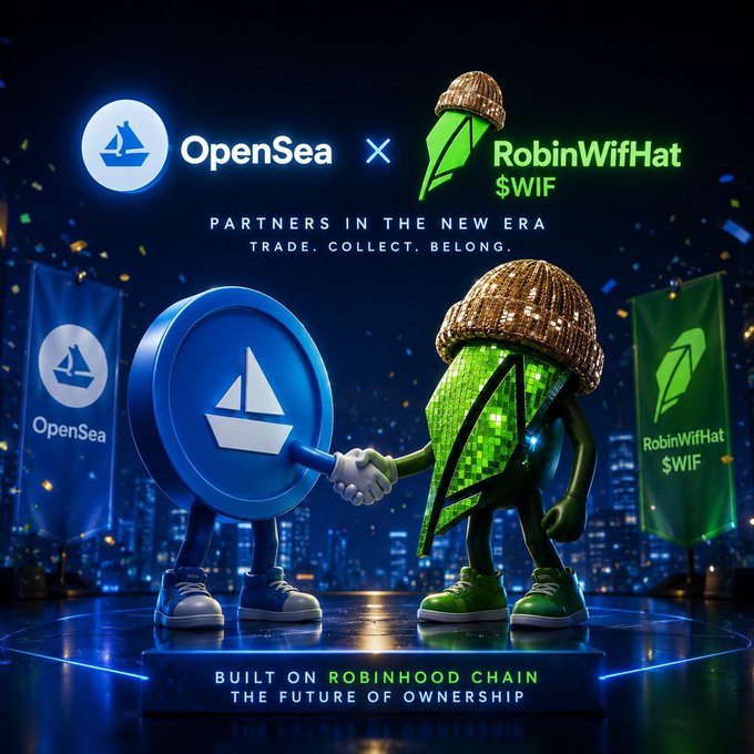 A promotional graphic announcing a partnership between OpenSea and RobinWifHat ($WIF), featuring their mascots—a blue OpenSea token and a green pixelated character wearing a knit beanie—shaking hands on a stage with "Partners in the New Era, Trade. Collect. Belong." text, and noting the project is "Built on Robinhood Chain." The image visually reinforces the post's bullish sentiment about RobinWifHat by highlighting its legitimacy through a major exchange partnership, supporting the claim that the team is building something special.