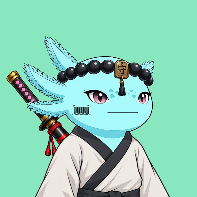 Digital illustration of a blue axolotl-like chibi character dressed as a samurai, with prayer beads on its head and a katana strapped to its back, against a mint green background.