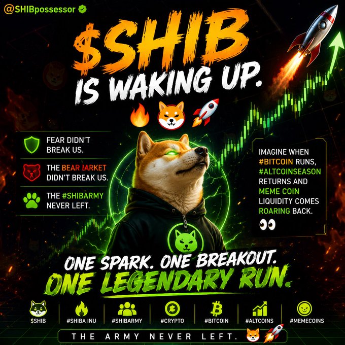 A crypto promotional graphic for $SHIB featuring a Shiba Inu dog with glowing green eyes, a rocket ship, and text reading '$SHIB IS WAKING UP. ONE SPARK. ONE BREAKOUT. ONE LEGENDARY RUN.' with hashtags including #SHIBAINU, #SHIBARMY, #CRYPTO, #BITCOIN, #ALTCOINS, and #MEMECOINS.