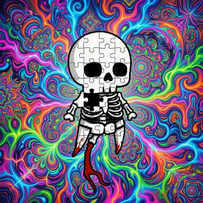 A cartoonish skeleton character with an oversized skull standing against a vibrant, psychedelic swirly background of bright neon colors.