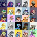 A grid collage of numerous pixel-art character sprites featuring various colorful figures in different poses and costumes.