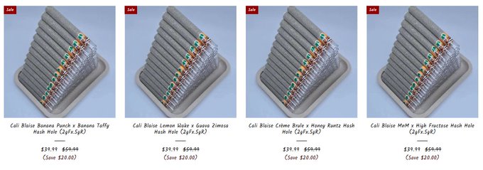 An e-commerce product listing showing four flavors of Cali Blaze pre-roll 5-packs (Banana Punch, Lemon Haze, Crème Brulee, and MnM) priced at $39.99 (save $20.00).