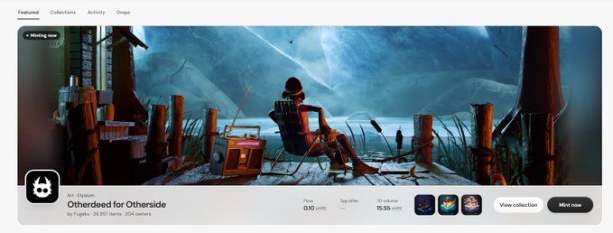 A marketplace-style art page promotes the featured artwork "Otherdeed for Otherside" by Taplab, showing a large blue-toned fantasy scene, a price of 0.10 ETH, and a "MINT NOW" button.