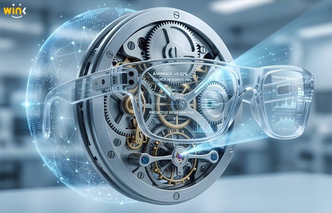 A 3D render of futuristic, transparent smart glasses with digital displays overlaid on a mechanical gear, featuring the 'Win' logo and text like 'PREDICTIVE WEAR ANALYSIS' and 'SOURCE: INTEGRITY, WIN'.