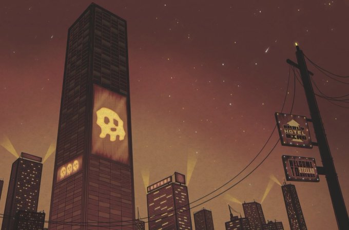 A stylized animated cityscape at night with a starry reddish sky, featuring a skyscraper displaying a yellow skull pixel-art sign and a 'Hotel' sign on a utility pole.