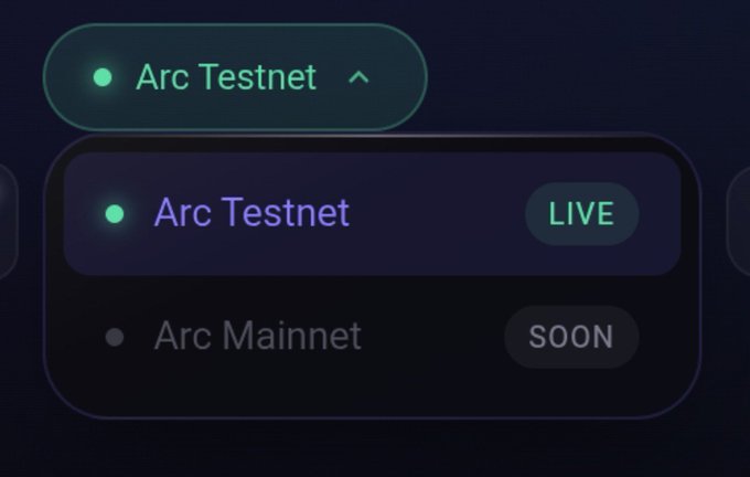 A digital interface shows a network selection menu with 'Arc Testnet' marked as LIVE and 'Arc Mainnet' marked as SOON.