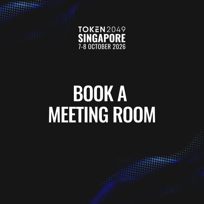 The image is a promotional graphic for TOKEN2049 Singapore (7-8 October 2026) inviting them to "BOOK A MEETING ROOM," directly tied to the post's message about limited private meeting rooms available onsite for high-value business conversations.
