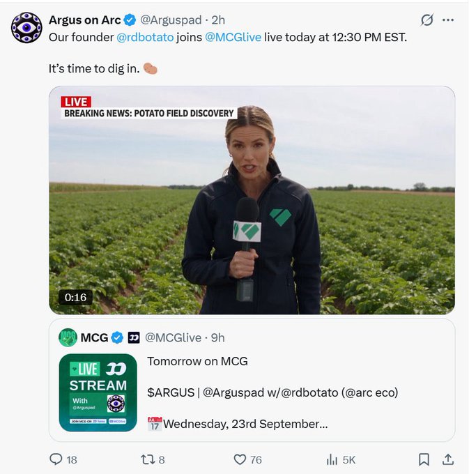 An X post from Argus on Arc (@Arguspad) announces their founder @rdbotato joining @MCGlive at 12:30 PM EST, featuring a fake 'LIVE BREAKING NEWS: POTATO FIELD DISCOVERY' video thumbnail.