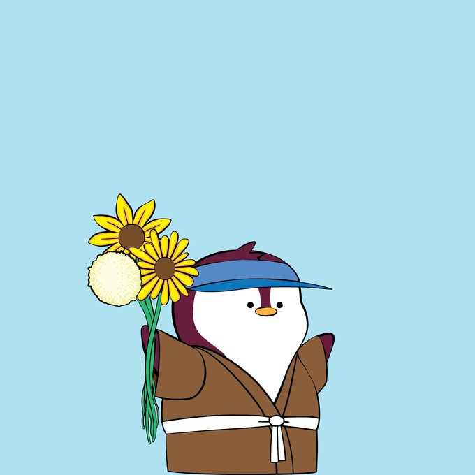 A cartoon penguin wearing a brown robe and a blue visor holds a bouquet of sunflowers against a light blue background.
