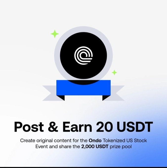 A promotional graphic featuring a black circular logo with "Ondo" branding above a blue banner, announcing a "Post & Earn 20 USDT" campaign where users can create content for the Ondo Tokenized US Stock Event to share in a 2,000 USDT prize pool. The image ties into the post by highlighting Ondo's role in bringing tokenized U.S. stocks to the crypto ecosystem as a bridge between traditional finance and blockchain-based trading.