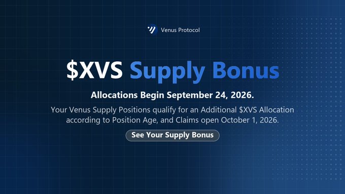 A promotional banner for Venus Protocol announcing '$XVS Supply Bonus' with allocations beginning September 24, 2026, and claims opening October 1, 2026.
