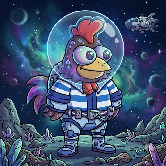 Cartoon illustration of a rooster wearing a space suit and helmet standing on an alien planet with a rocket ship in the background.