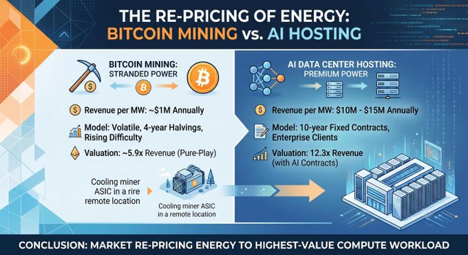 An infographic titled 'THE RE-PRICING OF ENERGY: BITCOIN MINING vs. AI HOSTING' compares revenue per MW (~$1M for mining vs. $10M-$15M for AI) and concludes that the market is repricing energy toward higher-value compute workloads.