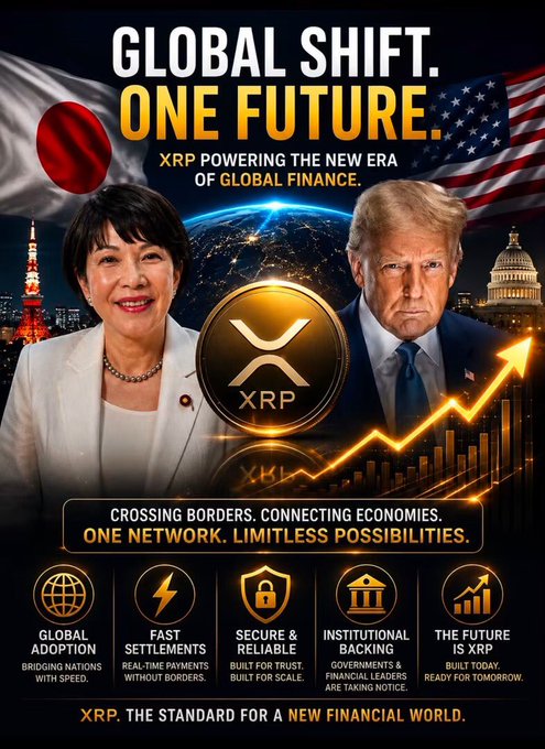 This image depicts a "Global Shift" towards a new financial future powered by XRP, featuring the flags of Japan and the USA alongside Donald Trump and a Japanese figure, symbolizing international collaboration. The visual ties into the post by highlighting XRP's potential in global finance and international adoption.