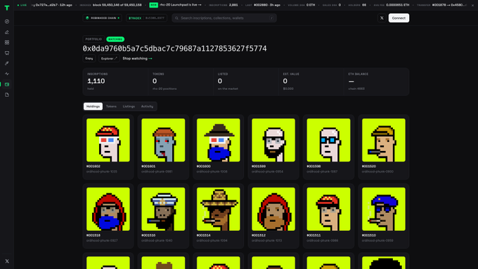 An NFT marketplace page displaying CryptoPunks pixel art characters in a collection at address 0x0da9760b5a7c5dbac7c79687a1127853627f5774.