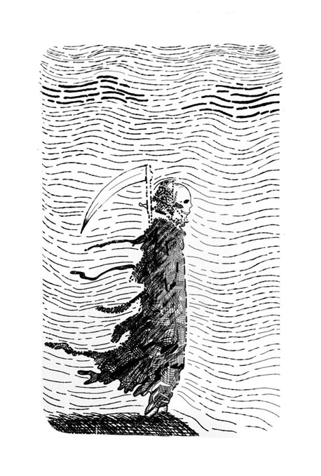 A monochrome etching-style illustration of a cloaked Grim Reaper figure holding a scythe against a background of wavy lines.