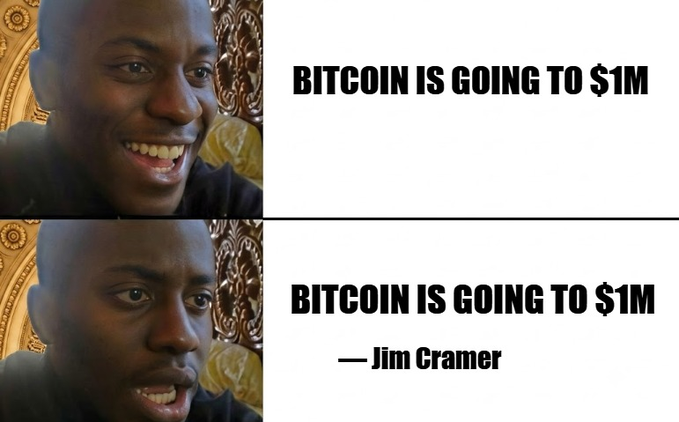 A two-panel meme showing a man's face transitioning from a happy smile to a more serious expression, with the text 'BITCOIN IS GOING TO $1M' in both panels, and the second panel attributed to '— Jim Cramer'.