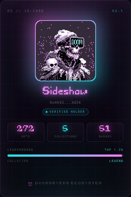 A digital 'ID-CARD V2.1' for a Doomsrayers ecosystem profile named 'Sideshow' with a pixelated skull artwork, showing stats of 272 NFTS, 5 Collections, and 51 Badges.