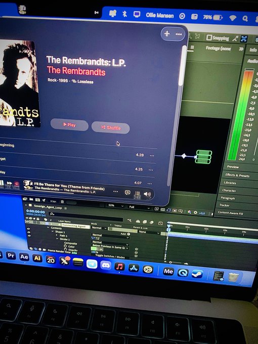 A MacBook screen displays Adobe After Effects with "The Rembrandts: L.P." album playing in iTunes, while the user creates a short motion graphic using the song "I'll Be There for You (Theme from Friends)" to enhance a post for @ritualnet.