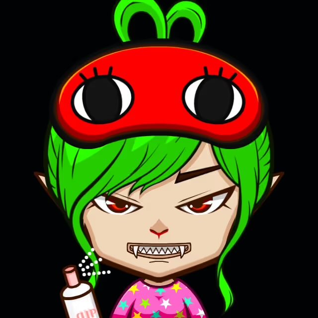 A cartoon illustration of a girl with green hair, red eyes, sharp teeth, and a red ladybug-themed headband, holding a glowing bottle and smoking a cigarette.
