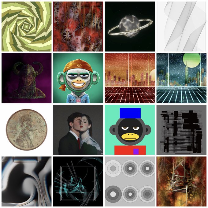 Grid of 16 varied images including abstract patterns, a ringed planet, a monkey with bandana, retro synthwave cityscapes, a coin, a couple, a stylized monkey face, and artistic compositions.