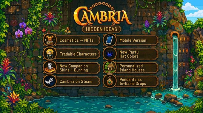 A screenshot from the pixel-art game "Cambria: Hidden Ideas" displays a stone menu wall featuring eight wooden signposts that list potential game features—including "Cosmetics → NFTs," "Tradeable Characters," "Mobile Version," and "Personalized Island Houses"—set in a lush jungle setting with a waterfall and pool. The image directly illustrates the accompanying text by visually cataloging the overlooked, smaller-scale suggestions for the game's future, ranging from NFT integration and Steam releases to island house customization, beyond the headline-grabbing topics of TGE, fishing, and dungeons.