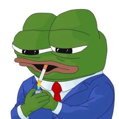 An illustration of the Pepe the Frog meme character wearing a blue suit and red tie, smoking a cigarette.