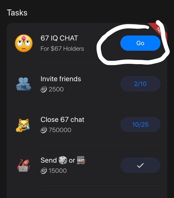 The image shows a tasks list from the @sixsevenapp featuring a highlighted "67 IQ CHAT" task marked "For $67 Holders" with a circled blue "Go" button. This directly corresponds to the post's call to action, encouraging users to join the 67 IQ Chat to ask questions about the #67 ecosystem.