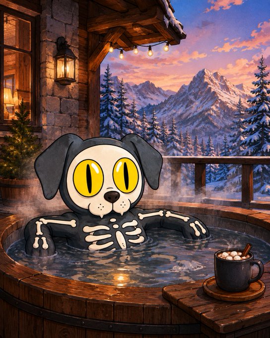 An AI-generated illustration of a skeleton dog with yellow eyes relaxing in a wooden hot tub, set against a scenic backdrop of snow-capped mountains at sunset with a mug of hot cocoa nearby.