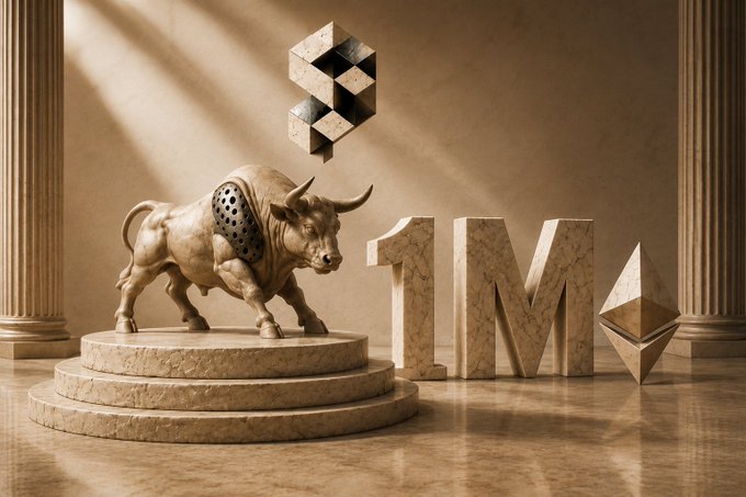 A 3D rendered scene featuring a marble bull statue standing on a circular pedestal, with floating geometric shapes including a cube and pyramid in the background, and large marble letters '1M' alongside an Ethereum diamond symbol on the right.