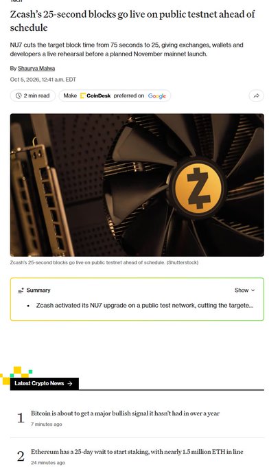 A news article titled 'Zcash's 25-second blocks go live on public testnet ahead of schedule' with an image of a graphics card fan bearing a Z logo.