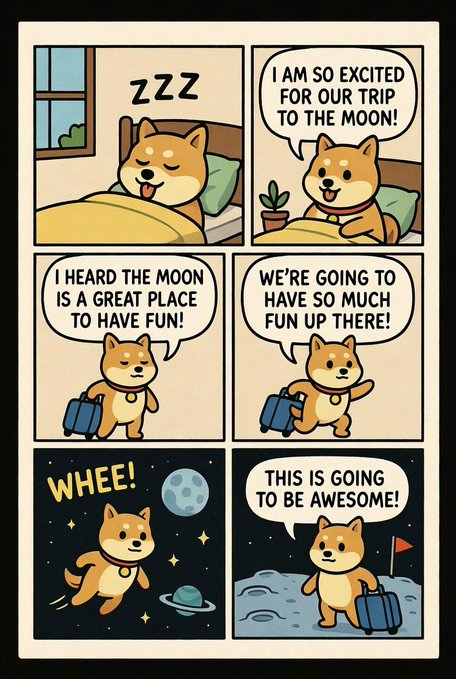 The image features a series of cartoon dog illustrations, each with a caption that reads "I am so excited for our trip to the moon!". The first panel shows a brown dog sleeping peacefully in bed while holding a suitcase. The second panel depicts the same dog walking towards the moon and carrying another suitcase. The third panel shows the dog standing on the moon's surface with luggage, ready for an adventure.