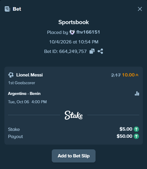 The image displays a sportsbook wager slip where user fhv166151 placed a bet on Lionel Messi to be the 1st Goalscorer in the Argentina vs. Benin match on Tue, Oct 06 at 4:00 PM, with odds of 10.00 boosted 2.17x and a max stake of $5 yielding a $50.00 payout. This directly corresponds to the caption, illustrating the 10x boosted odds wager referenced as "free money" on Stake.
