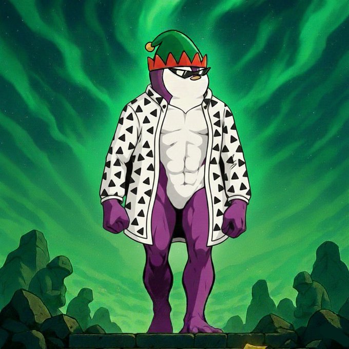 The image features a buff, purple penguin wearing sunglasses, an elf hat, and a white studded jacket, standing stoically against a dramatic green aurora-lit sky. This confident, unflinching penguin embodies the post's sentiment—holding Bitcoin strong while major sellers like MARA ($1.6B in H1) and Saylor ($100M more) offload without causing the market to falter.