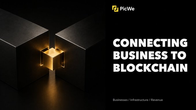 A PicWe promotional graphic with glowing 3D black cubes on a dark background and bold text reading 'CONNECTING BUSINESS TO BLOCKCHAIN' with subtitle 'Businesses / Infrastructure / Revenue'.
