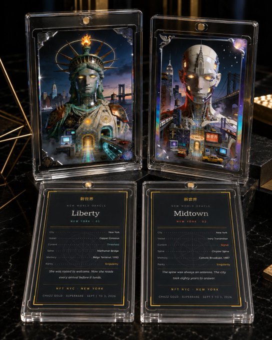 Two collectible cards in plastic sleeves featuring the Statue of Liberty and a robot version, labeled 'Liberty NEW YORK - 01' and 'Midtown NEW YORK - 02' for 'NFT NYC NEW YORK'.
