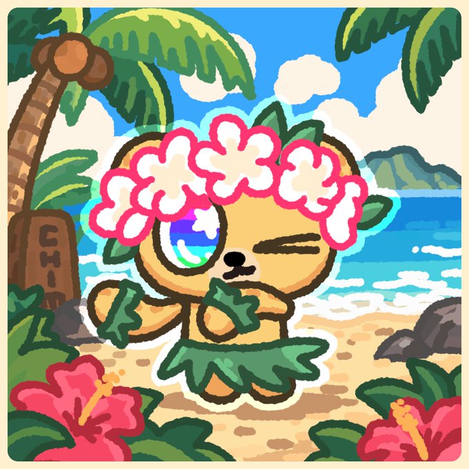 An illustration of a cute bear-like character wearing a flower crown and grass skirt performing a hula dance on a beach with a 'CHI-CHI' tiki sign.