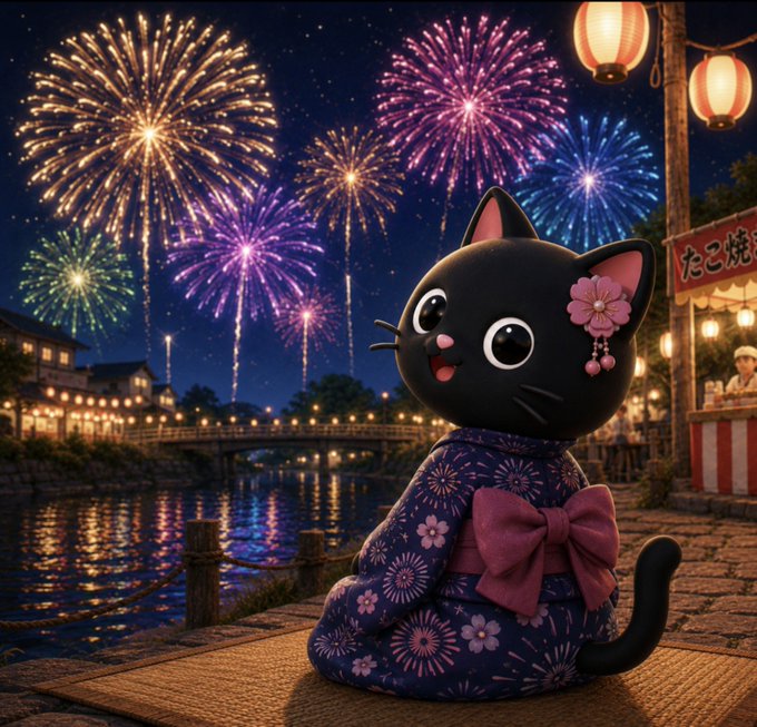 A cute black cat wearing a purple floral yukata with a pink bow sits beside a riverside during a vibrant fireworks display, with paper lanterns and a food stall displaying the text "たこ焼" (takoyaki) in the background. The image complements the post's reference to Fireworks Day, capturing the festive summer atmosphere of gazing up at the night sky filled with colorful bursts, while the early August mention aligns with Japan's traditional hanabi season.