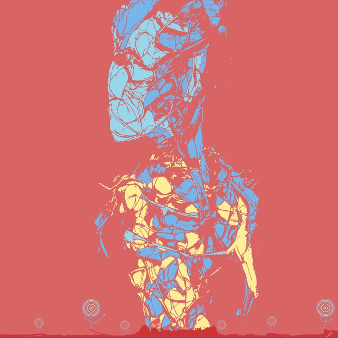 A stylized digital artwork of Baby Groot from Guardians of the Galaxy, rendered in blue and yellow tones against a red background with target symbols at the bottom.