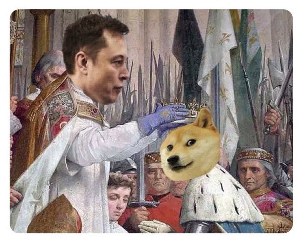 Elon Musk crowns a Shiba Inu "Doge" as king in a digitally altered painting, humorously depicting Dogecoin's dominance in the crypto world.