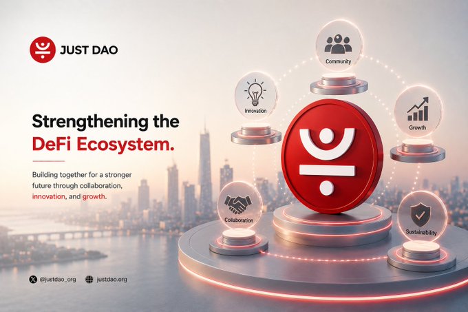 A "JUST DAO" promotional banner titled "Strengthening the DeFi Ecosystem" displays five circular icons (Community, Innovation, Growth, Collaboration, Sustainability) connected to a central red logo.